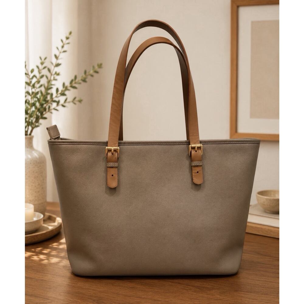 Michael Kors Large Saffiano Leather Tote Bag Taupe Brown Shoulder Purse Gold - Picture 4 of 10